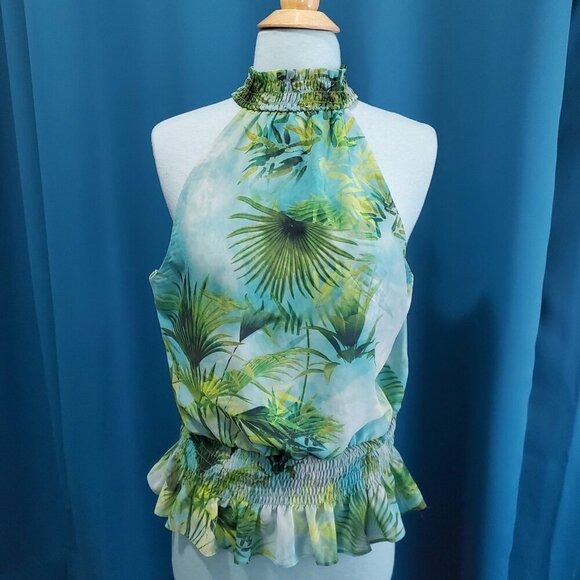 Tropical Halter Neck Smocked Peplum Top | Green Teal Leaf Print | Resort PL - Picture 2 of 9